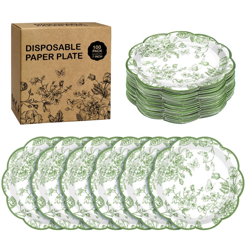 Kochorie 100 Pieces Sage Green Flower Paper Plates 7 Inches Disposable Floral Paper Plate Scalloped Sage Green Chinoiserie Vintage Flower Dessert Plates for Wedding Birthday Holiday Party Supplies